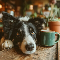 Border collie resting head on wooden table next to green mug in a cozy indoor setting view