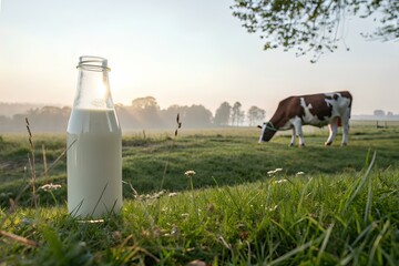 Glass bottle of milk against the background of a pasture and a cow standing nearby, morning.