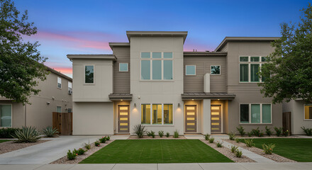Fototapeta premium Contemporary Townhouses With Green Lawn Under An Evening Blue Sky