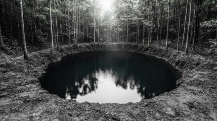 Mysterious Deep Pool Surrounded by Lush Green Forest Landscape
