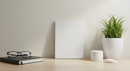 Blank canvas with office supplies in a clean and minimalist setting