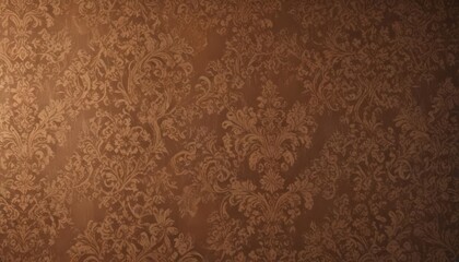 Close-up of antique brown wallpaper, ornate pattern showing wear, peeling  , home, crumbling, decor