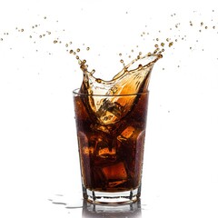 Splash of cola in glass with ice cubes isolated on white background