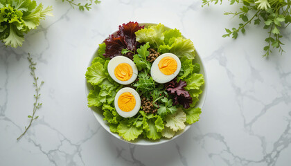 Top View Close-up Shot of Fresh Clean Salad with Various Lettuce Types and Boiled Eggs on White Background