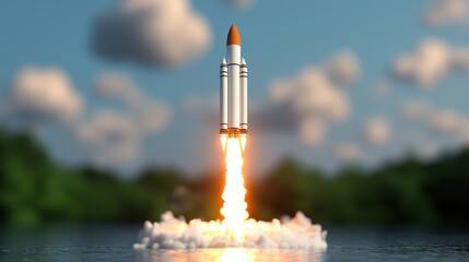 3D Rendering Rocket launch Concept, 3D Model of a Rocket Liftoff Captured from Underwater Perspective with Dramatic Flames and Clouds