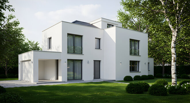 Modern White House Exterior Showcasing Minimalist Design and Landscape