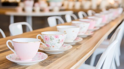 Elegant Tea Party Setup: Delicate Floral Teacups on Wooden Table