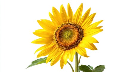 Fototapeta premium Single bright yellow sunflower against a white background.