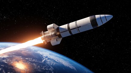 Fototapeta premium 3D Rendering Rocket launch Concept, Stunning 3D Visualization of a Rocket Entering Earth Orbit with Bright Flames and Stunning Cosmic Background