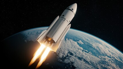 Fototapeta premium 3D Rendering Rocket launch Concept, 3D Visualization of Rocket Ascending into Orbit Above Earth with Clouds and Space Background