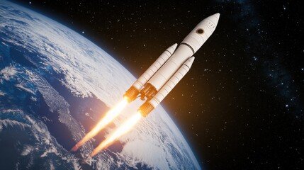 Fototapeta premium 3D Rendering Rocket launch Concept, 3D Visualization of Rocket Launching and Entering Orbit Above Earth with Bright Flames and Vast Space Background