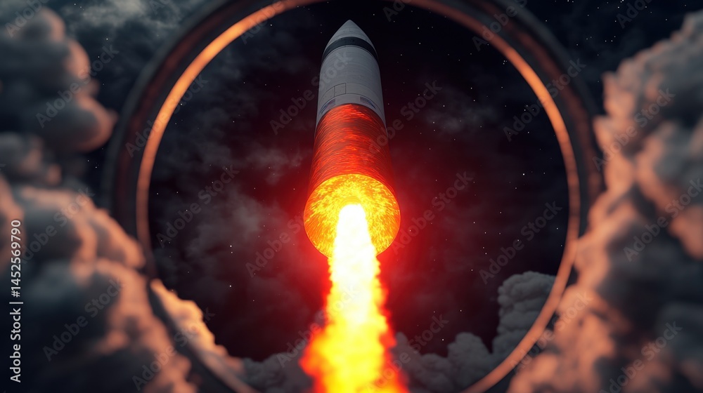 Poster 3d rendering rocket launch concept, stunning 3d visualization of rocket launch with glowing red heat