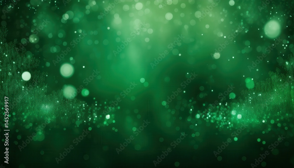 Poster  green bokeh background with glowing snowflakes and light particles for festive designs, digital branding, holiday print media, and website headers