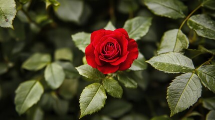 Fototapeta premium Single red rose surrounded by green leaves.