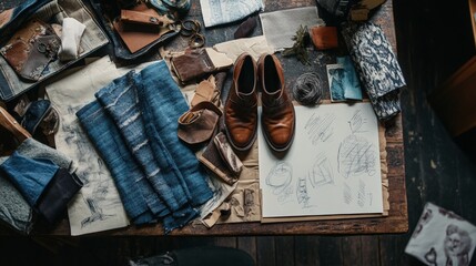 Artisan leather and denim workshop with creative design sketches