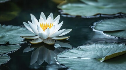 Single white lotus floating on a calm pond.