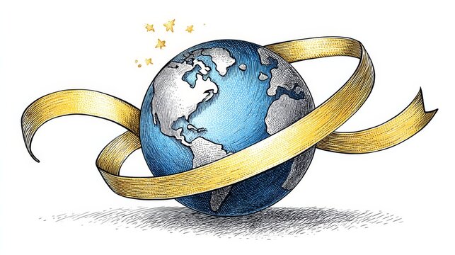 Peaceful Globe Encircled by Golden Ribbon - A hand-drawn illustration depicting global unity, peace, hope, prosperity, and harmony. A blue globe is gently encircled by a golden ribbon