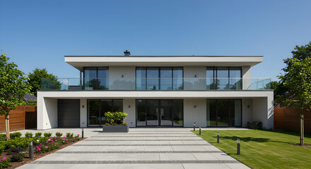 Fototapeta premium Stunning Modern Villa With Exquisite Landscaping On A Sunny Day