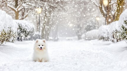 Adorable White Pomeranian Dog in Snowy Winter Wonderland Park