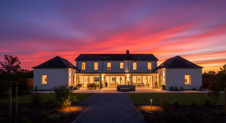 Elegant Estate Home With Idyllic Sunset Backdrop During Twilight Hour