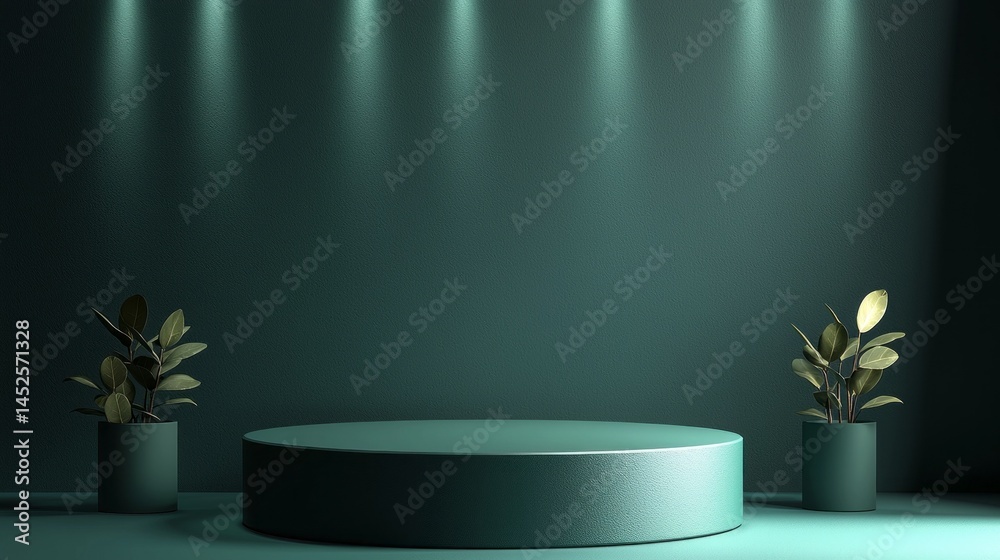 Poster a circular showcase stage made of a smooth material is set against a dark green wall. two potted pla