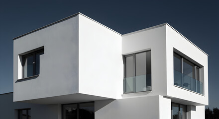Geometric White Modern House Exterior Under a Deep Blue Sky