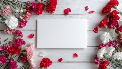 Blank White Card Mockup Surrounded by Vibrant Red Pink and White Carnations on White Wooden Background