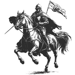 Medieval knight on horse, vintage black engraving vector, woodcut warrior sketch, traditional style illustration, retro ink drawing, ancient cavalry, armor design, gothic etching art,