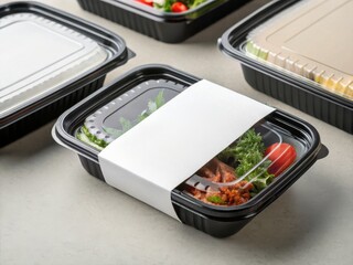 Food Container Mockup. A neatly packaged meal in black containers, showcasing fresh ingredients and vibrant vegetables.