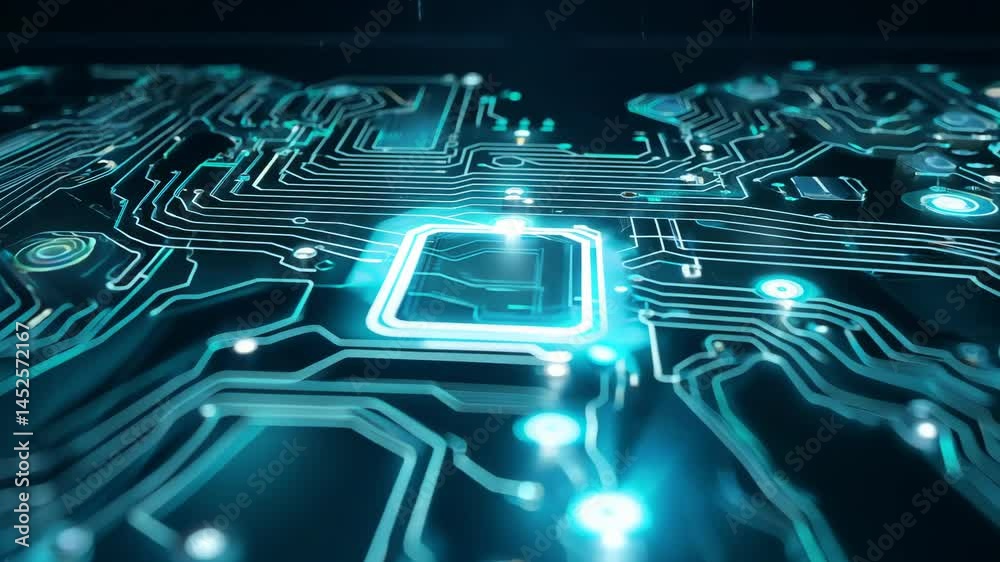 Poster Motherboard with chips transferring network signals. Circuit board concept with calculations on the chip blocks