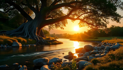 Majestic Tree Overlooking a Serene River at Sunset with Revealing Golden Light