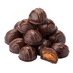 Pile of chocolate covered dates isolated on white background