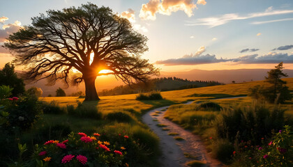Sunset Over Rolling Meadow with a Majestic Tree and Winding Pathway in Vibrant Colors