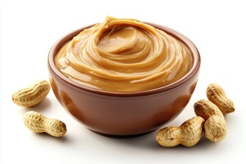 Bowl of creamy peanut butter on white background