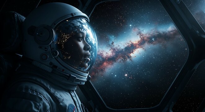 Woman in astronaut helmet with earth reflection looking at galaxy. Space exploration and future travel concept. Science and cosmos discovery for educational uses