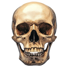 Fototapeta premium A detailed close-up image of a human skull, perfect for anatomical studies or gothic themed designs. The skull is presented in a frontal view, capturing the intricate bone structure