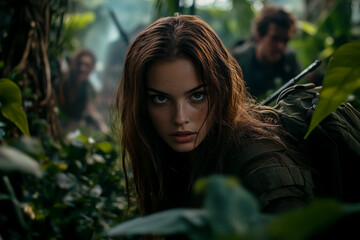 Woman soldier in jungle camouflage portrait action movie scene intense look adventure escape survival 