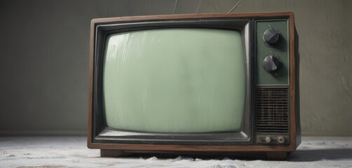 A weathered antique CRT television set showing a snowy screen with a greenish tint , noise, display
