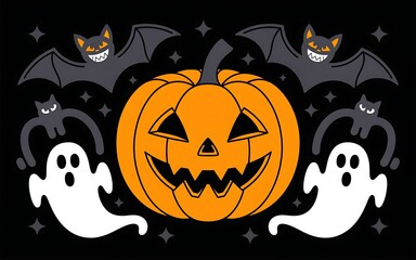 Fototapeta premium Spooky Halloween Pumpkin Bats Ghosts Design Illustration fun art cat cute fall 