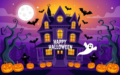Fototapeta premium Spooky Halloween Haunted House Night Bats Pumpkins Fun Fall Dark Moon Scary 