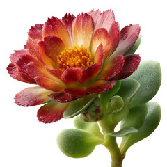 A vibrant succulent flower with rich colors and dewdrops glistening on its petals. isolated on a white background.