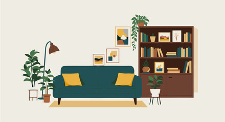 Vector Illustration: Cozy Living Room with Furniture and Plants