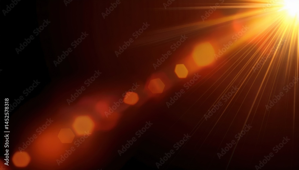 Fototapete intense orange sunburst with lens flare and hexagonal bokeh for web backgrounds, print graphics, dig