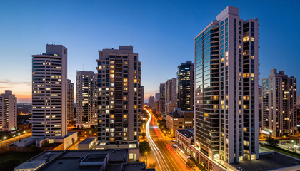Fototapeta premium Urban skyline during twilight with illuminated buildings 