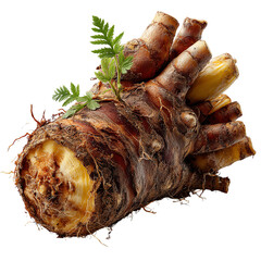 Fresh ginger root with green leaves, showcasing its earthy texture and vibrant color. isolated on a white background.