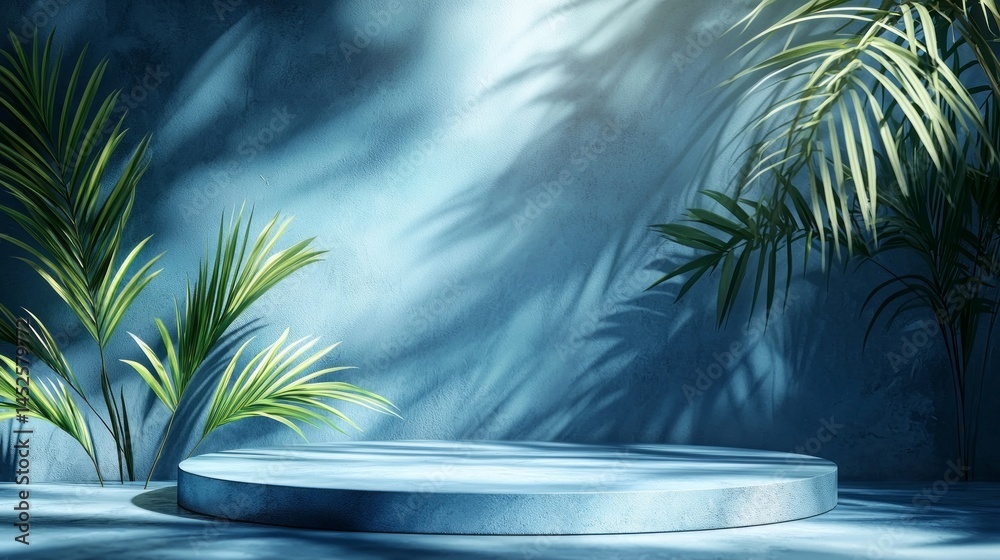 Poster A calming blue backdrop features a smooth circular platform illuminated by soft light, surrounded by lush green palm leaves, creating a tranquil setting perfect for artistic displays or stages