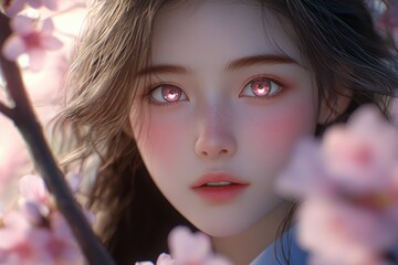 Close-up digital portrait of a young woman amongst blooming flowers.