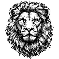 Lion Head vector, vintage woodcut engraving style, black ink sketch, antique wild animal art, hand drawn mane, retro tribal illustration, detailed majestic lion, roaring beast