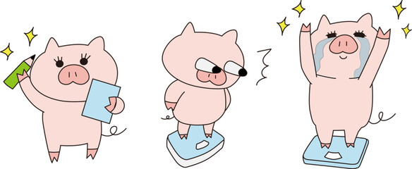ダイエットで体重を測るブタの女の子のイラスト