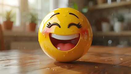A 3D rendering of a happy emoji, specifically a laughing face with water droplets, sits on a light brown wooden table or countertop.